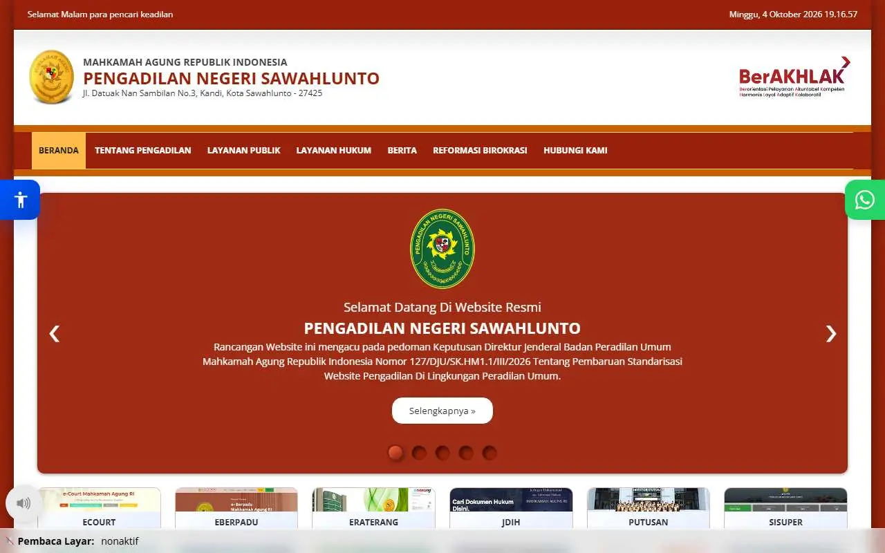 Tampilan website resmi Pengadilan Negeri Sawahlunto (pn-sawahlunto.go.id)