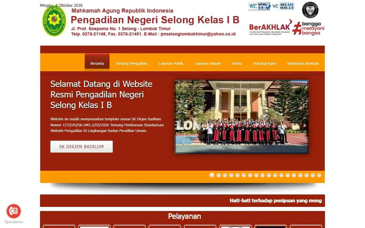Tampilan website resmi Pengadilan Negeri Selong (pn-selong.go.id)