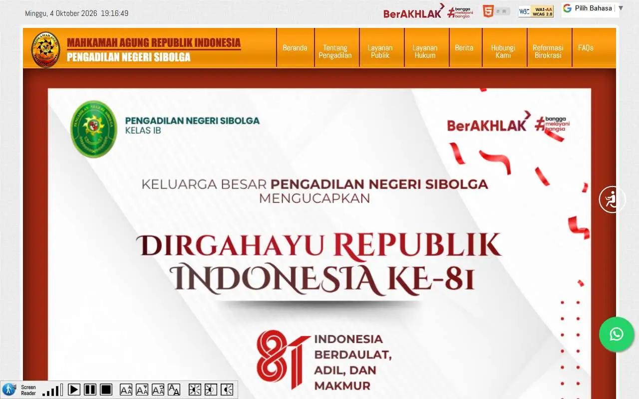 Tampilan website resmi Pengadilan Negeri Sibolga (pn-sibolga.go.id)