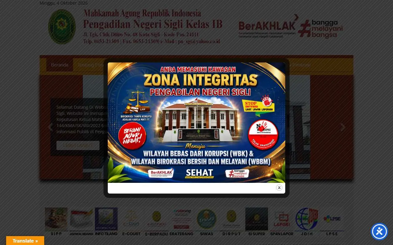 Tampilan website resmi Pengadilan Negeri Sigli (pn-sigli.go.id)
