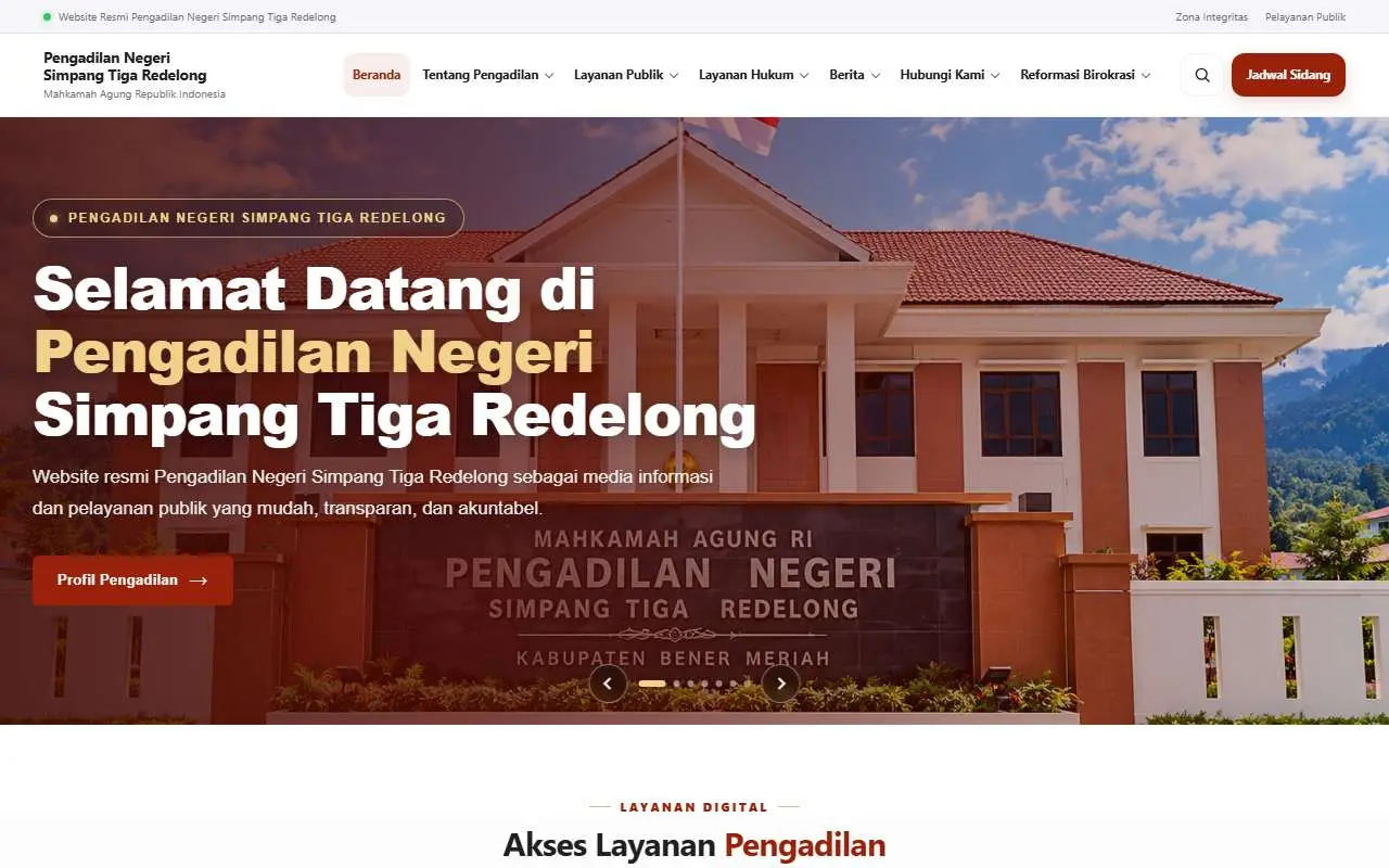 Tampilan website resmi Pengadilan Negeri Simpang Tiga Redelong (pn-simpangtigaredelong.go.id)