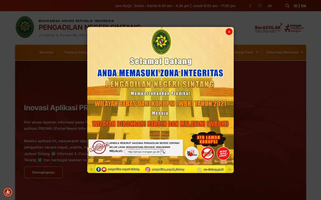 Tampilan website resmi Pengadilan Negeri Sintang (pn-sintang.go.id)
