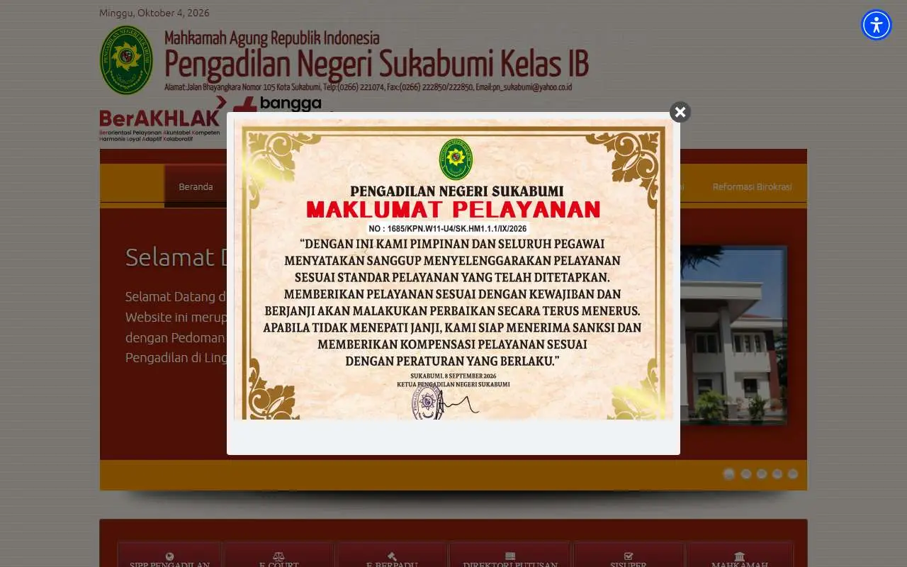 Tampilan website resmi Pengadilan Negeri Sukabumi (pn-sukabumikota.go.id)