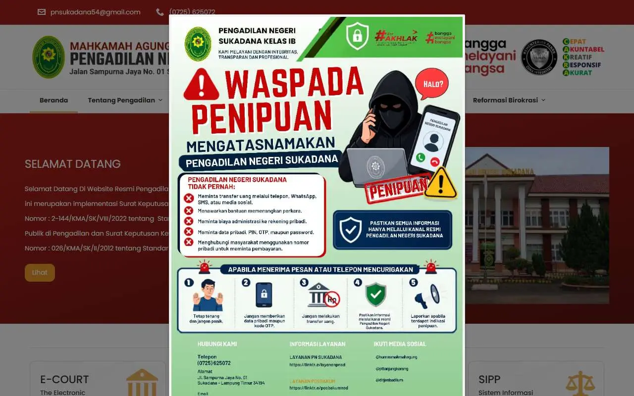 Tampilan website resmi Pengadilan Negeri Sukadana (pn-sukadana.go.id)