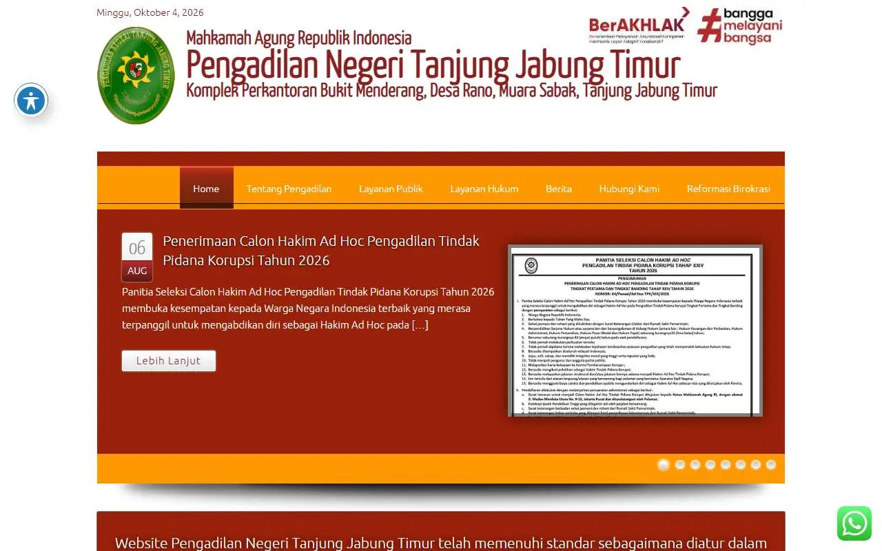 Tampilan website resmi Pengadilan Negeri Tanjung Jabung Timur (pn-tanjabtimur.go.id)