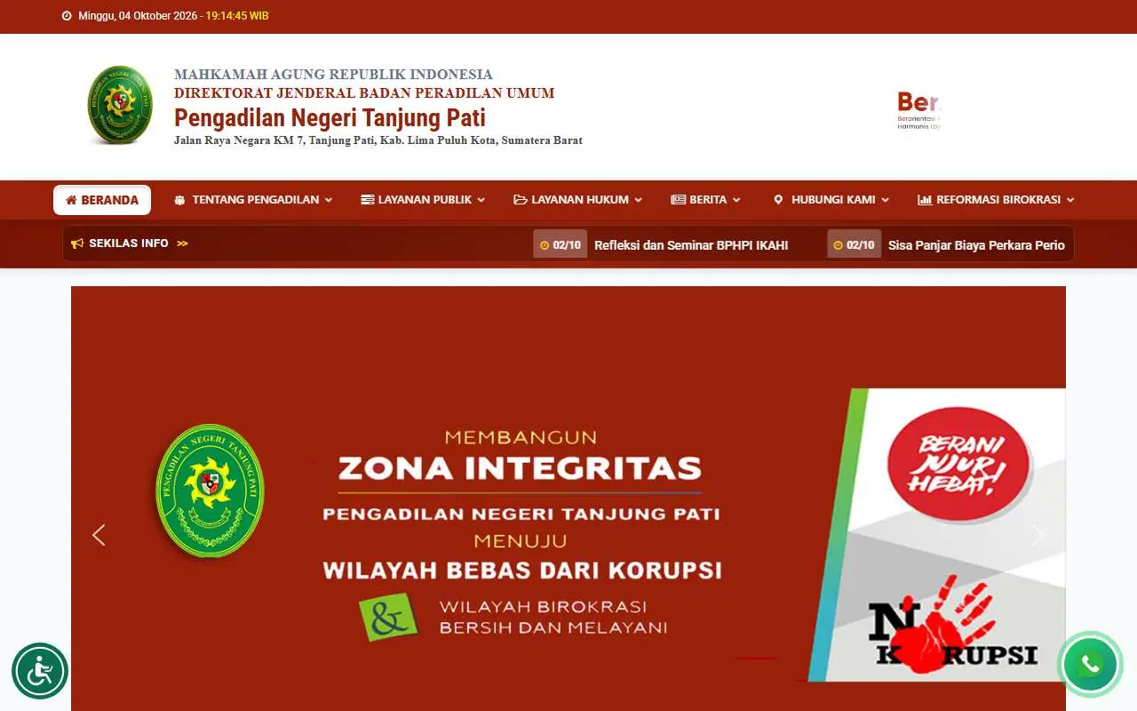 Tampilan website resmi Pengadilan Negeri Tanjung Pati (pn-tanjungpati.go.id)