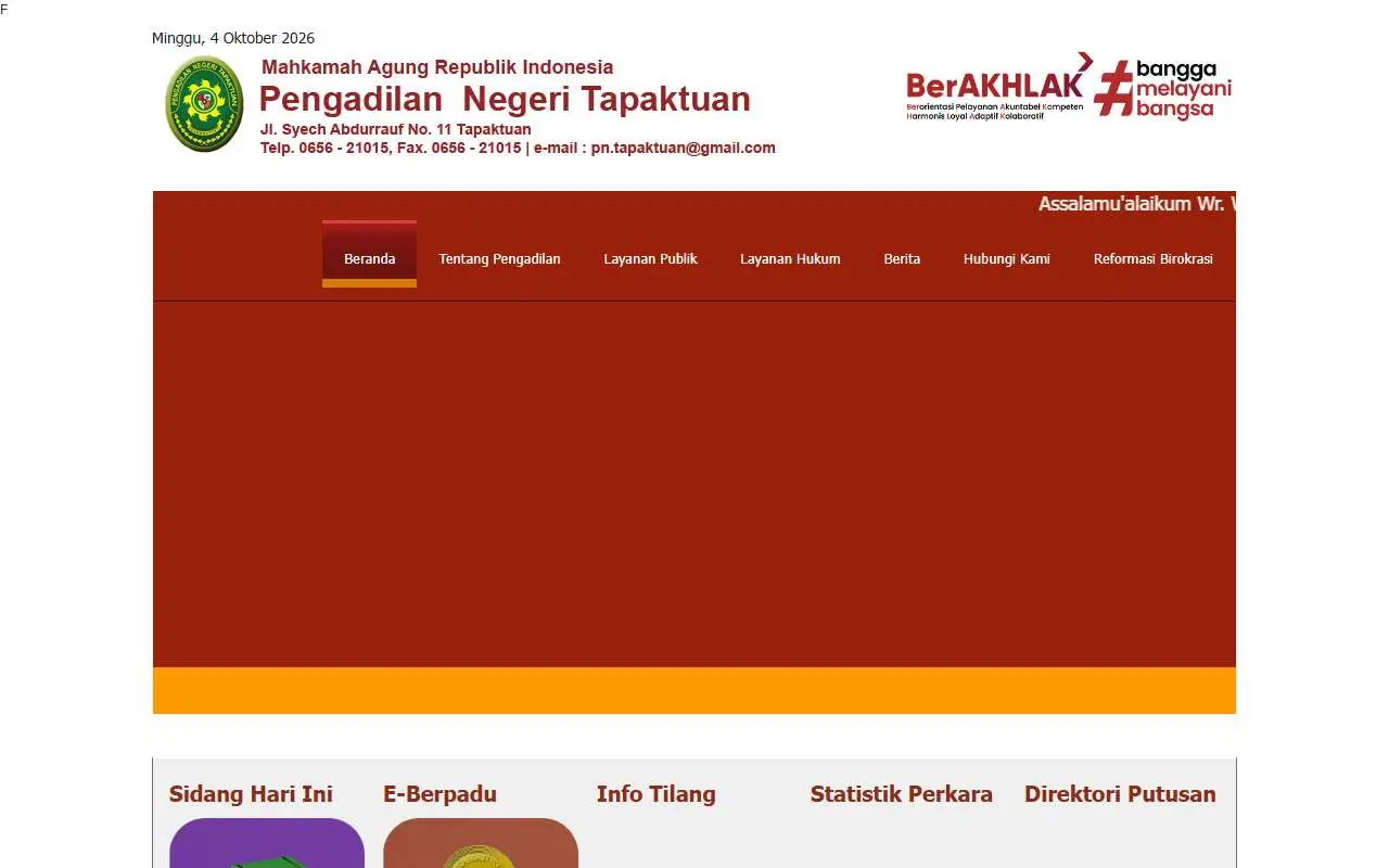 Tampilan website resmi Pengadilan Negeri Tapaktuan (pn-tapaktuan.go.id)