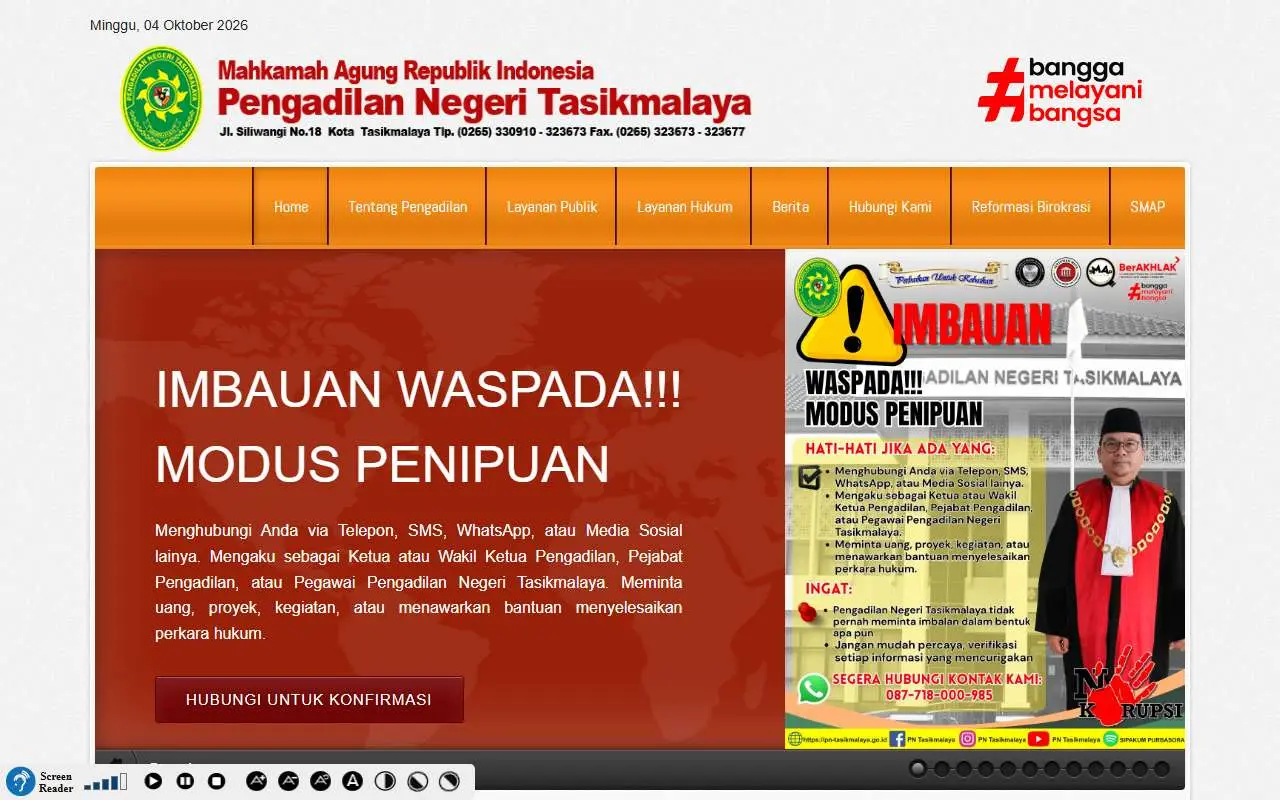 Tampilan website resmi Pengadilan Negeri Tasikmalaya (pn-tasikmalaya.go.id)