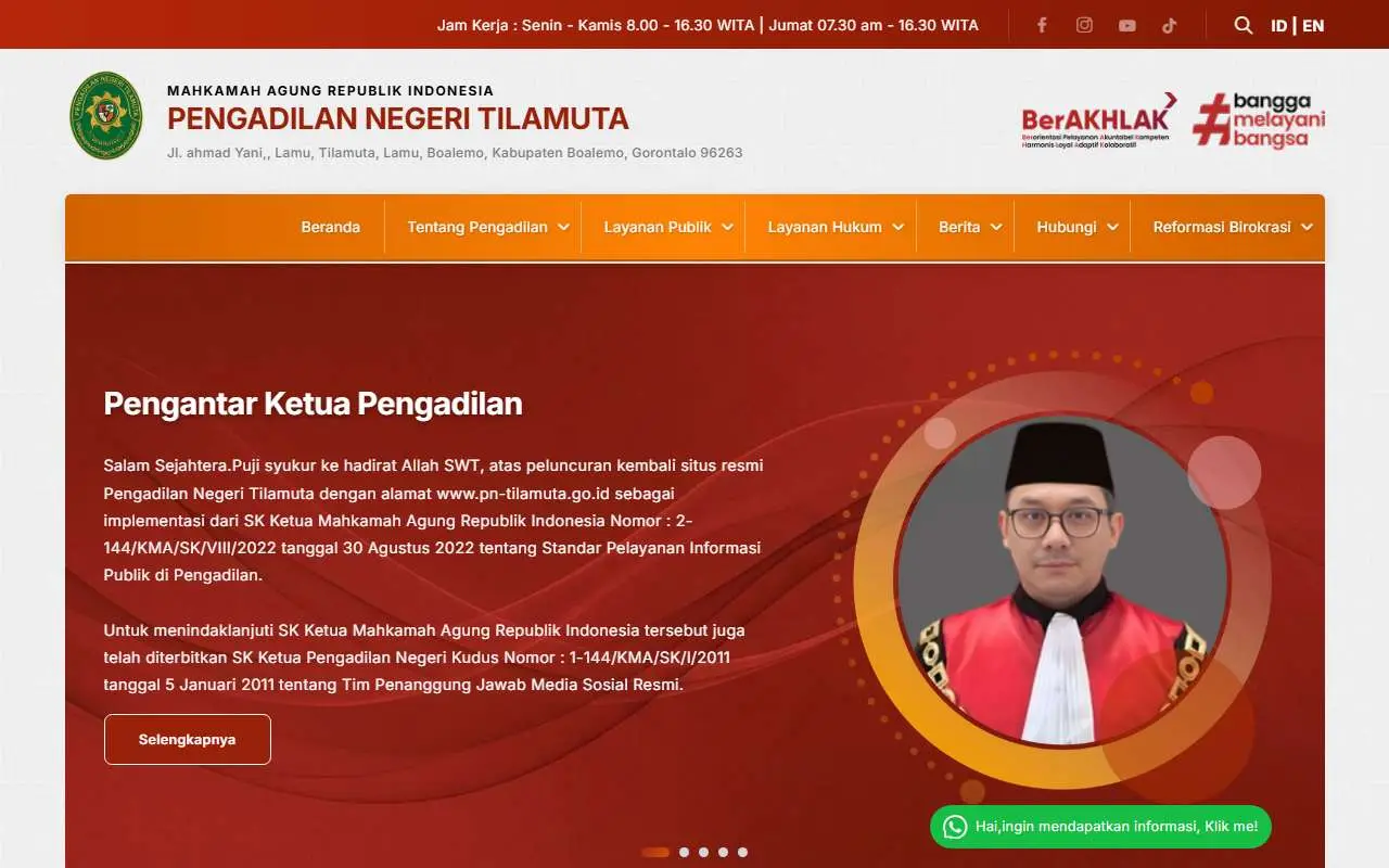 Tampilan website resmi Pengadilan Negeri Tilamuta (pn-tilamuta.go.id)
