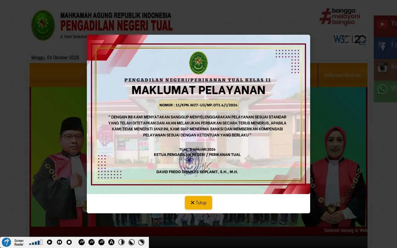 Tampilan website resmi Pengadilan Negeri Tual (pn-tual.go.id)