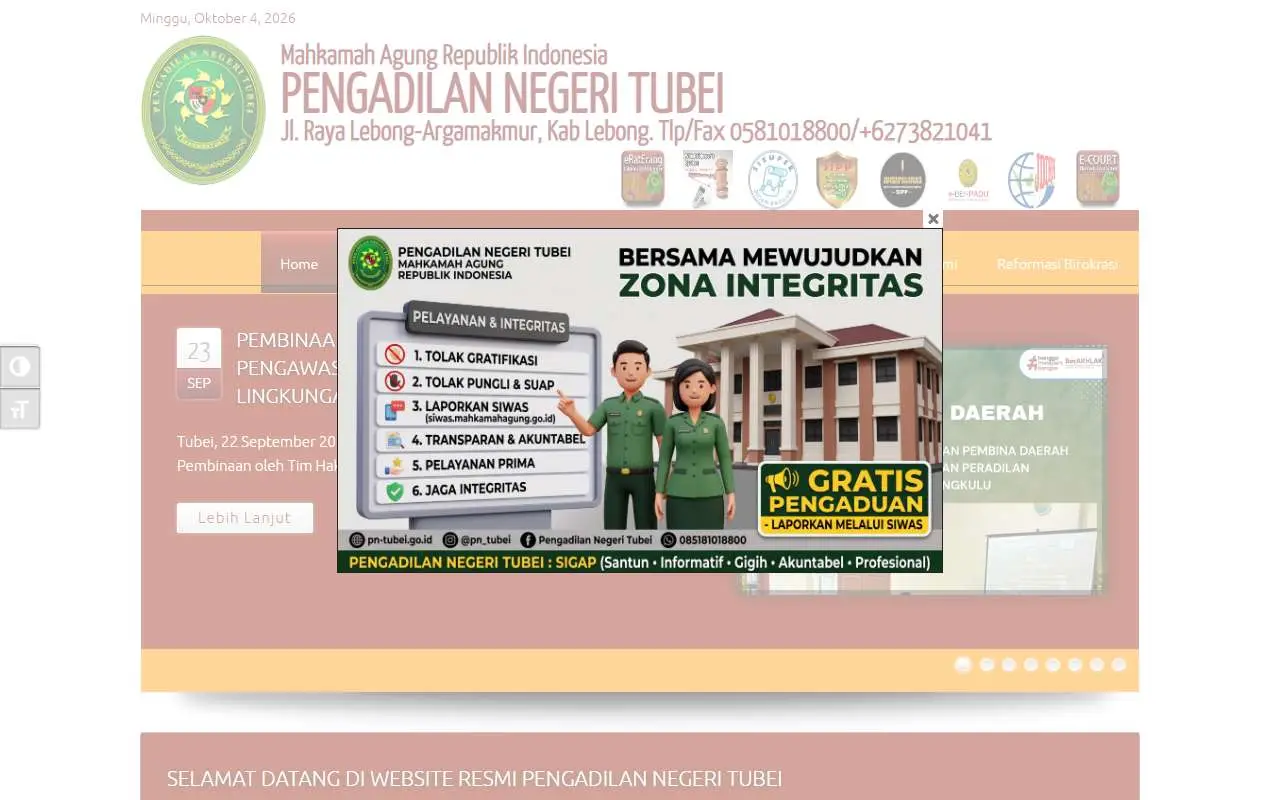 Tampilan website resmi Pengadilan Negeri Tubei (pn-tubei.go.id)