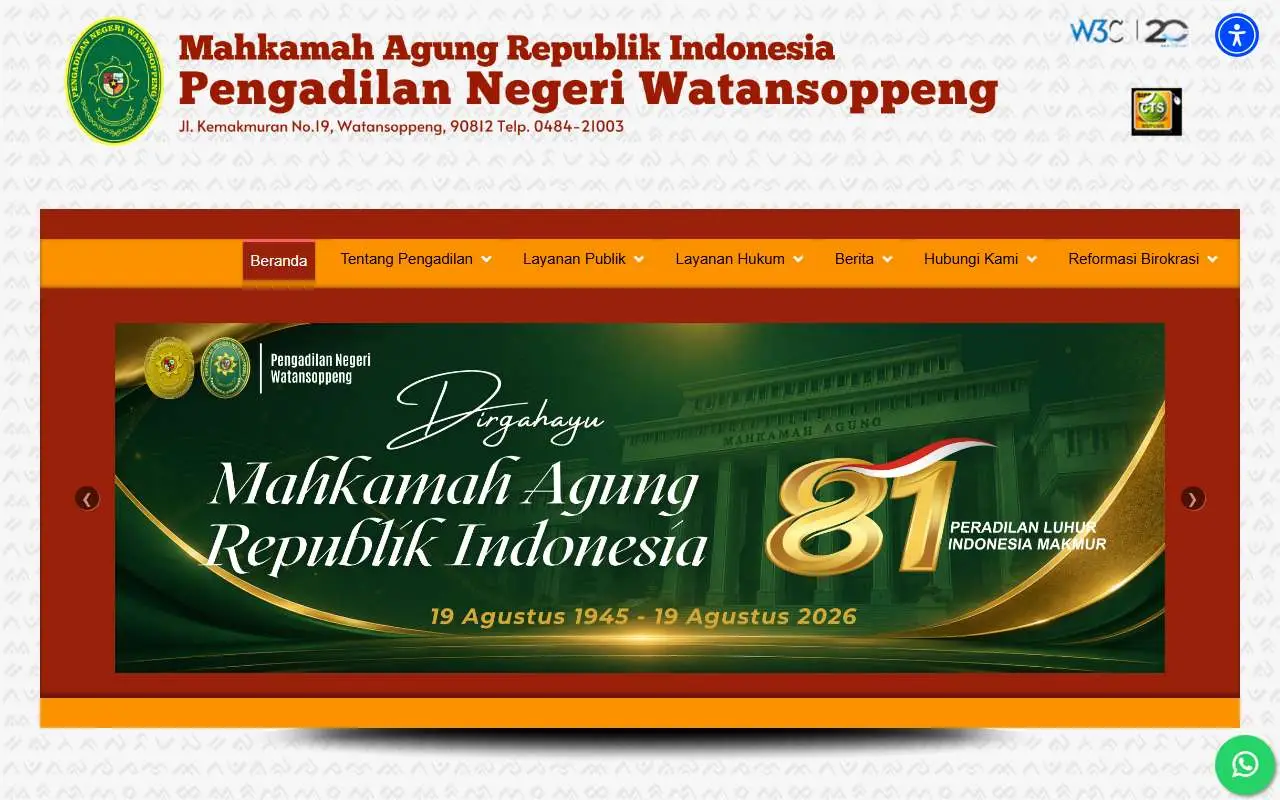 Tampilan website resmi Pengadilan Negeri Watansopeng (pn-watansoppeng.go.id)