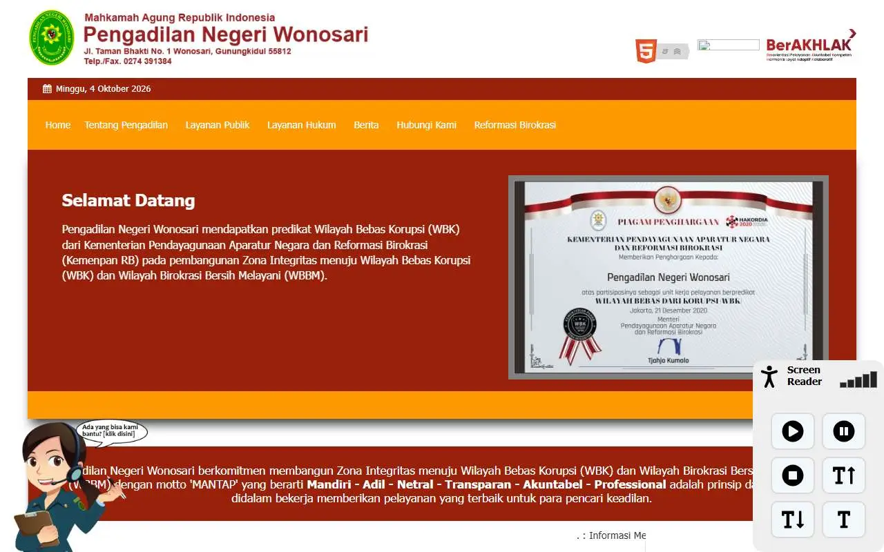 Tampilan website resmi Pengadilan Negeri Wonosari (pn-wonosari.go.id)