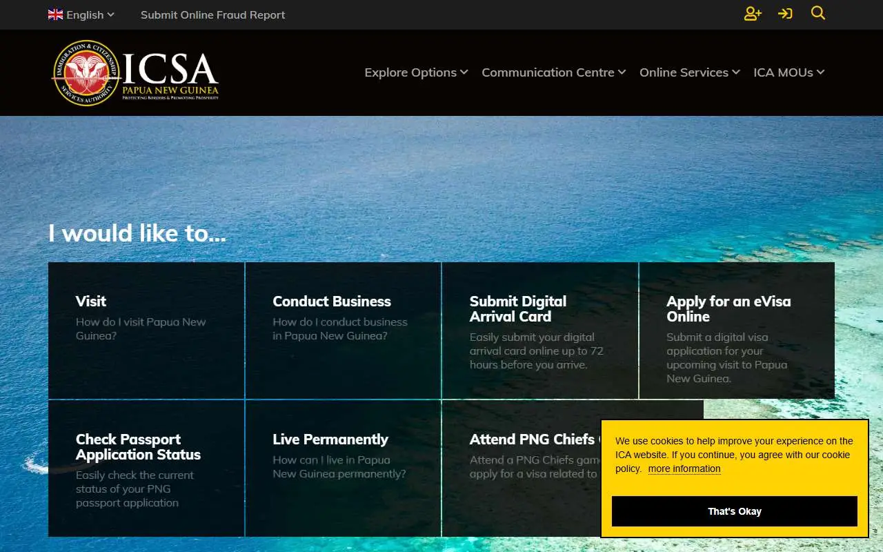 Tampilan website resmi ICA Papua Nugini (ica.gov.pg)