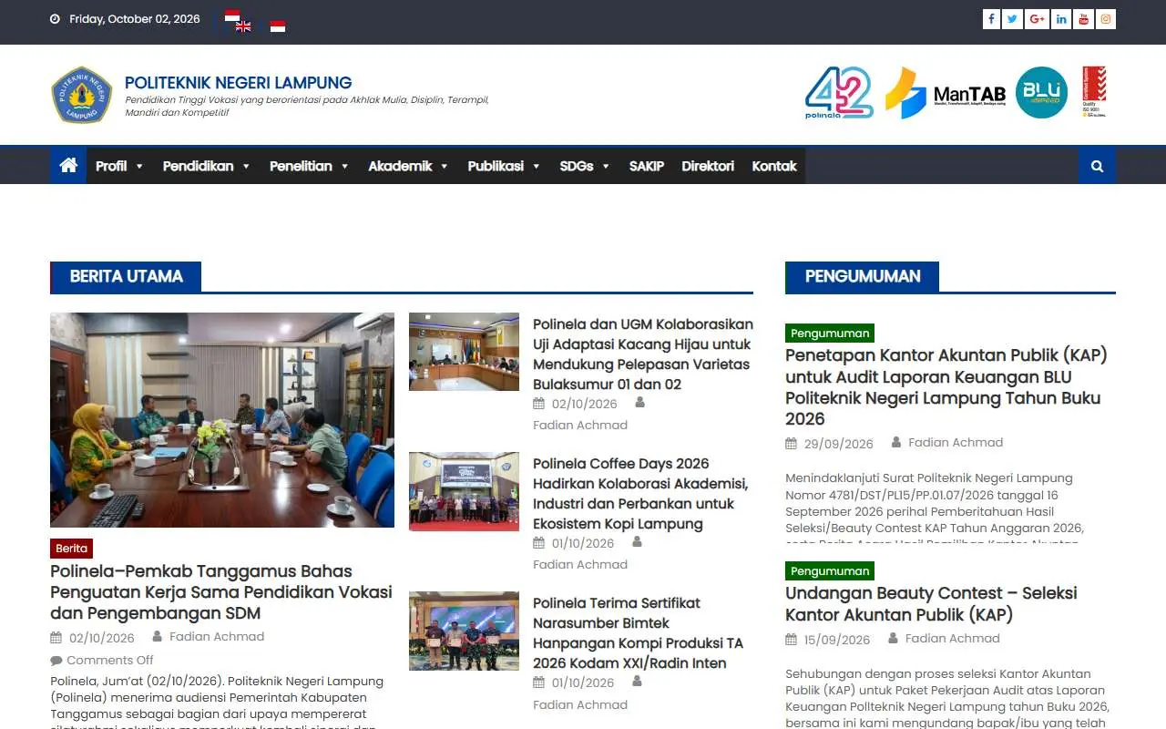 Tampilan website resmi Politeknik Negeri Lampung (polinela.ac.id)