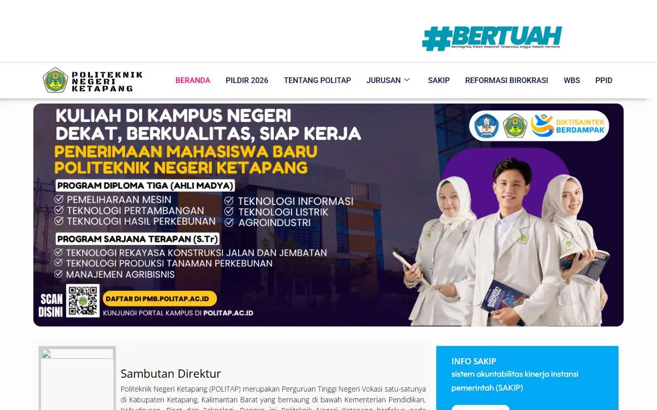 Tampilan website resmi Politeknik Negeri Ketapang (politap.ac.id)