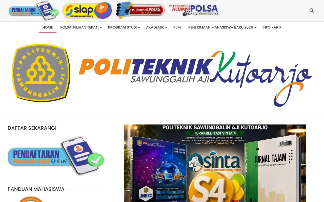 Tampilan website resmi Politeknik Sawunggalih Aji (polsa.ac.id)