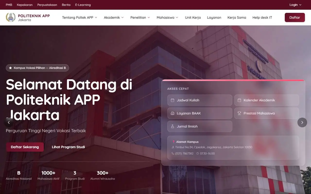 Tampilan website resmi Akademi Pimpinan Perusahaan (poltekapp.ac.id)
