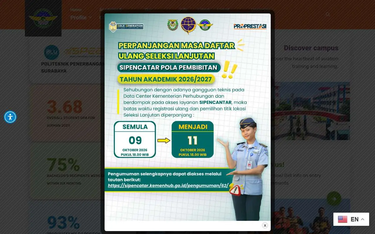 Tampilan website resmi Politeknik Penerbangan Surabaya (poltekbangsby.ac.id)