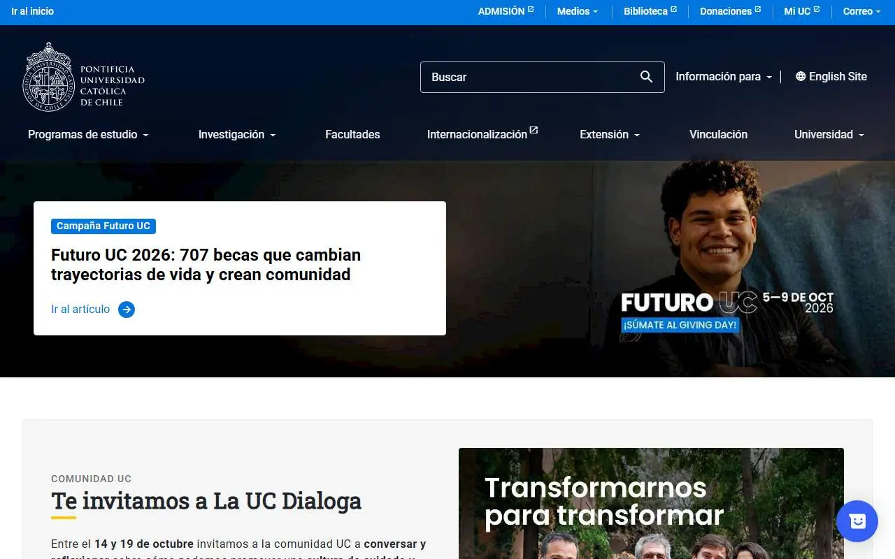 Tampilan website resmi Universitas Kepausan Katolik Chili (uc.cl)