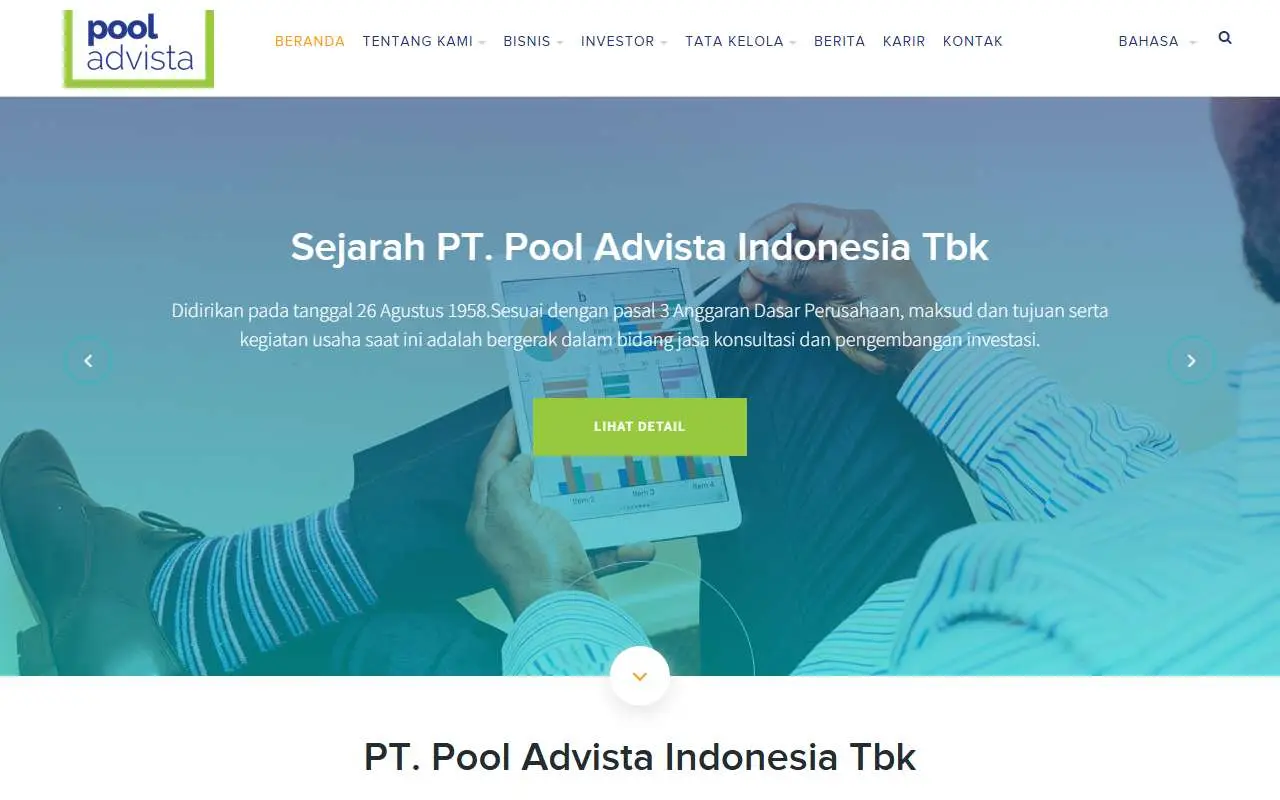 Tampilan website resmi Pool Advista Indonesia (pooladvista.com)