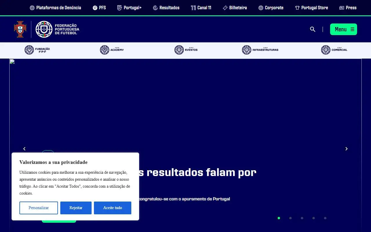 Tampilan website resmi Tim nasional sepak bola Portugal (fpf.pt)