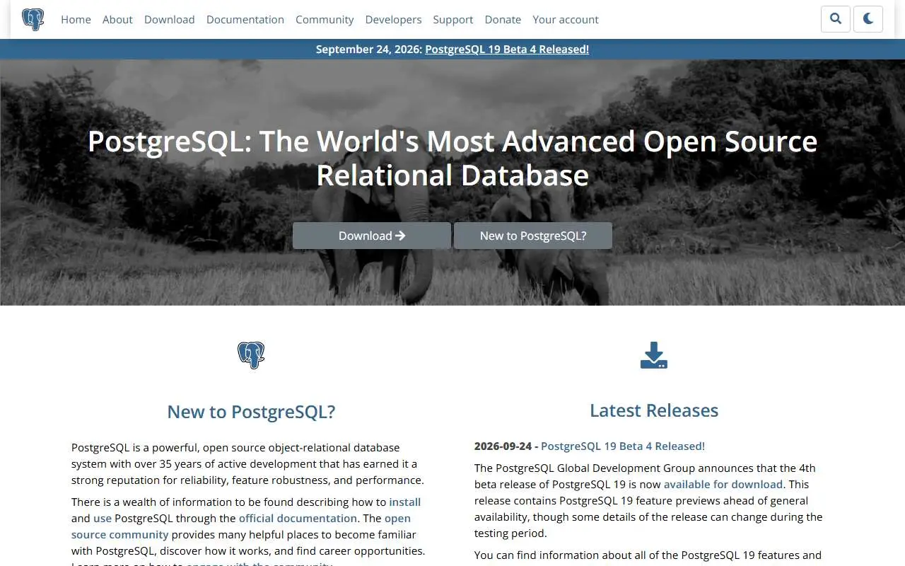Tampilan website resmi PostgreSQL (postgresql.org)