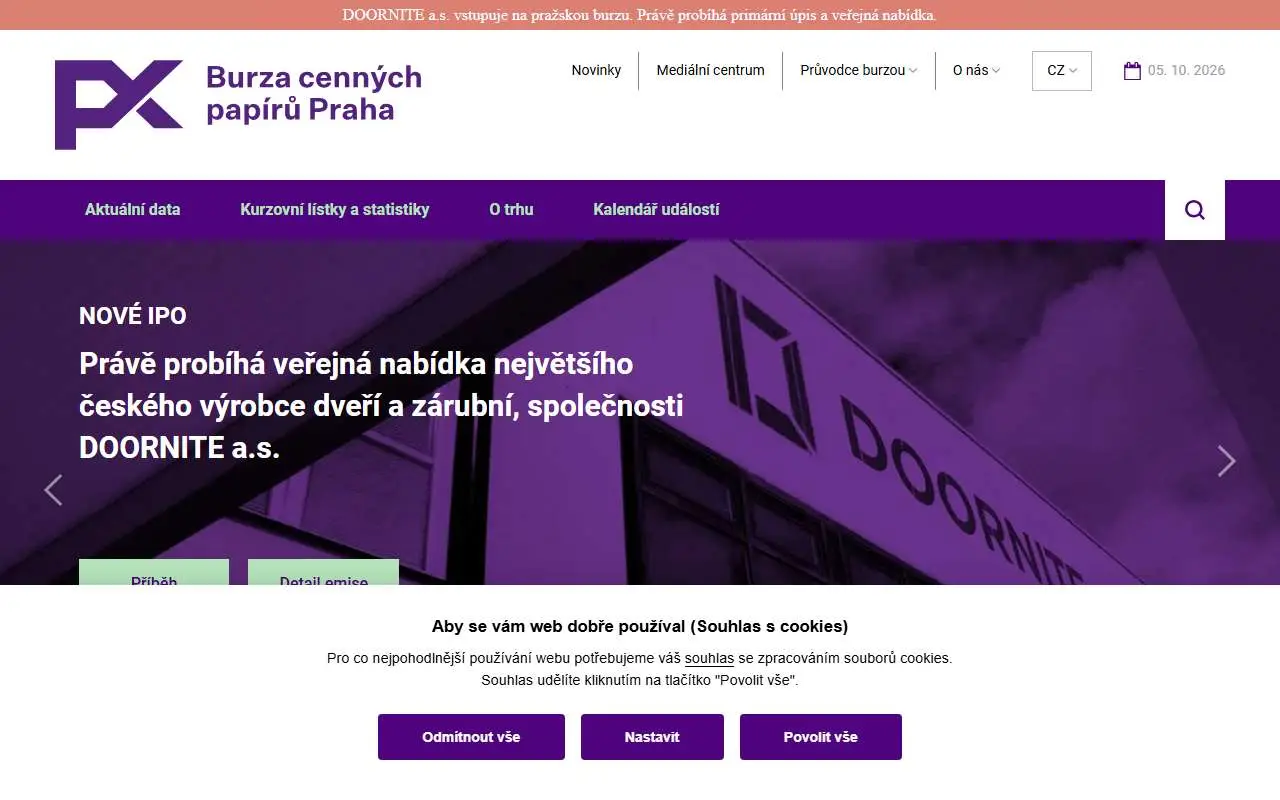 Tampilan website resmi Prague Stock Exchange (pse.cz)
