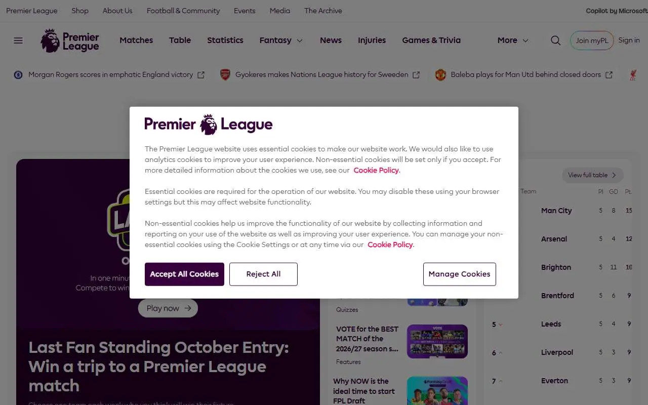 Tampilan website resmi Premier League (premierleague.com)