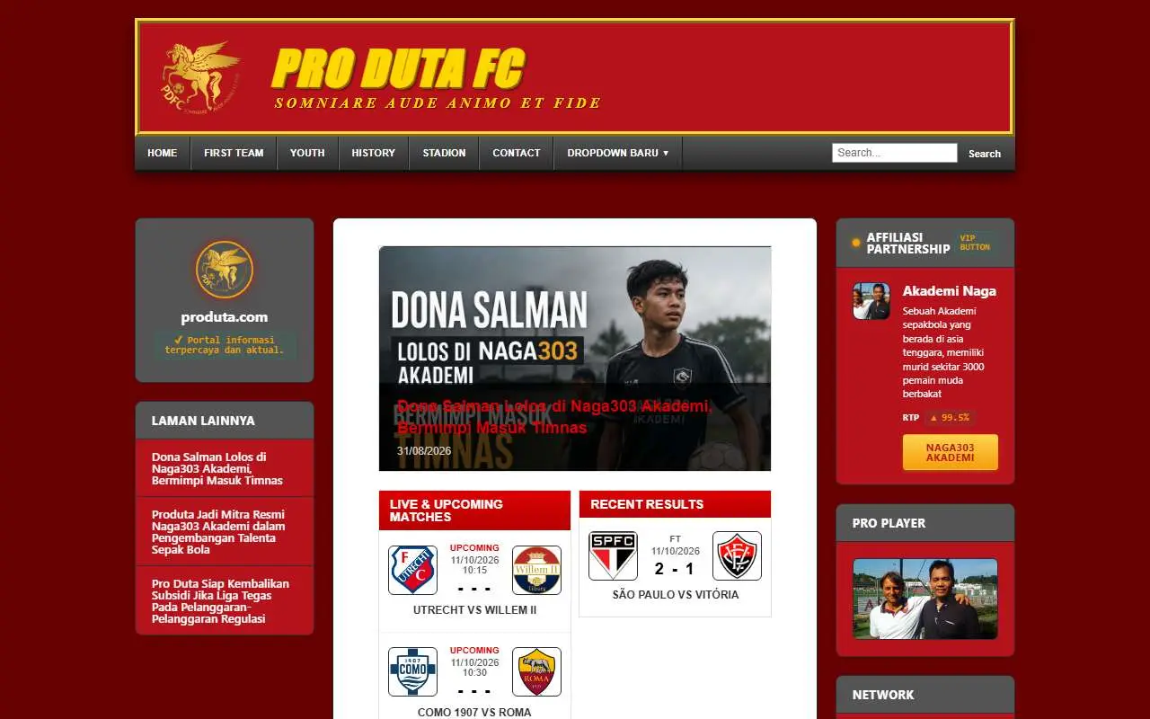 Tampilan website resmi Pro Duta FC (produta.com)
