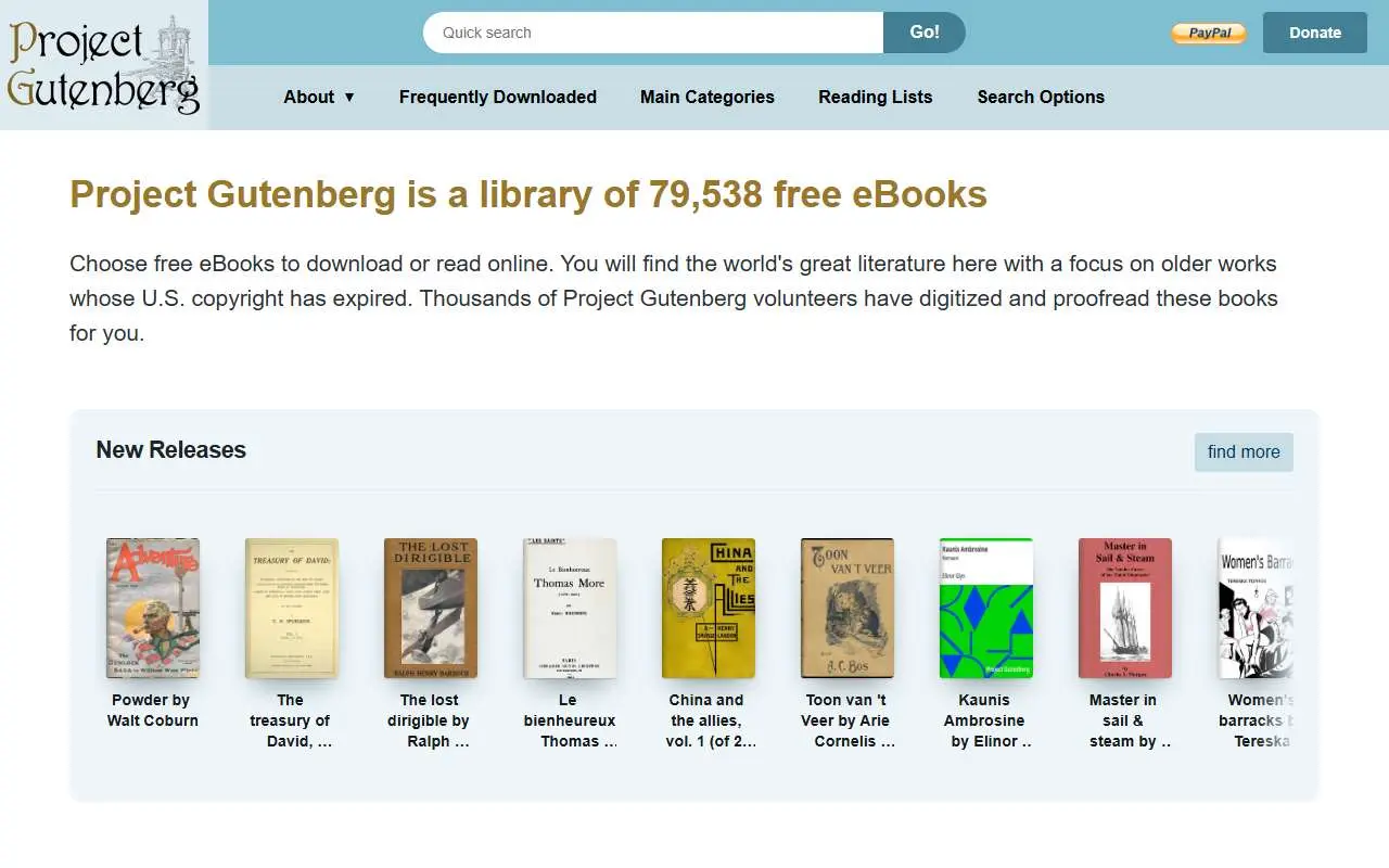 Tampilan website resmi Proyek Gutenberg (gutenberg.org)