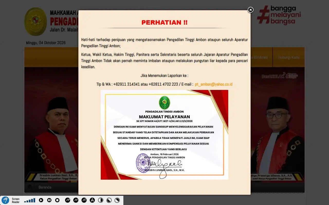 Tampilan website resmi Pengadilan Tinggi Ambon (pt-ambon.go.id)