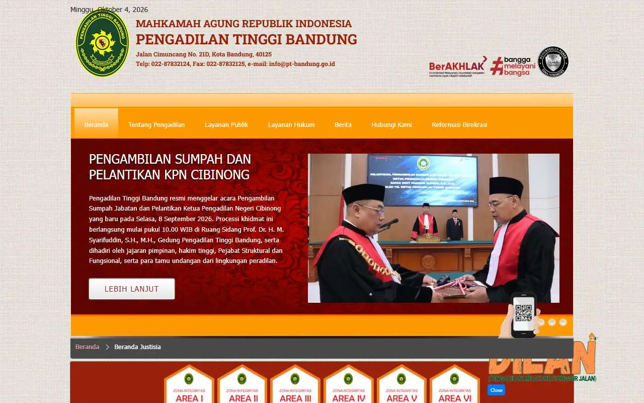 Tampilan website resmi Pengadilan Tinggi Bandung (pt-bandung.go.id)