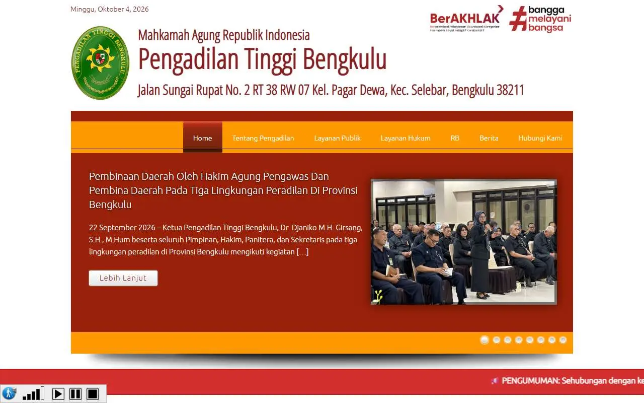 Tampilan website resmi Pengadilan Tinggi Bengkulu (pt-bengkulu.go.id)