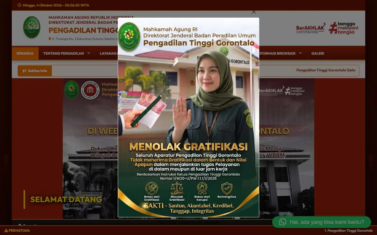 Tampilan website resmi Pengadilan Tinggi Gorontalo (pt-gorontalo.go.id)