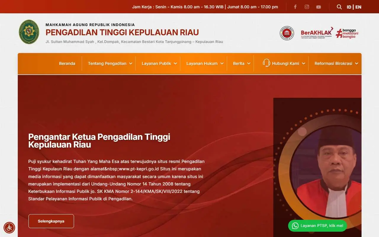 Tampilan website resmi Pengadilan Tinggi Kepulauan Riau (pt-kepri.go.id)
