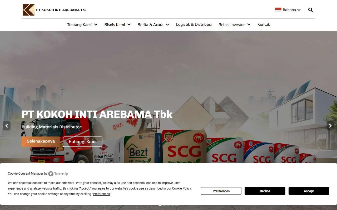 Tampilan website resmi Kokoh Inti Arebama (pt-kokoh.com)