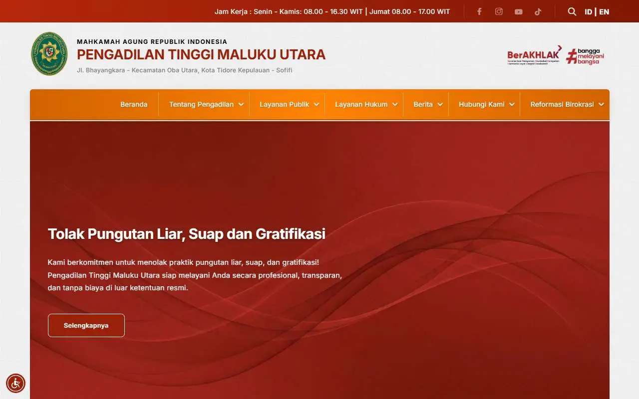 Tampilan website resmi Pengadilan Tinggi Maluku Utara (pt-malukuutara.go.id)