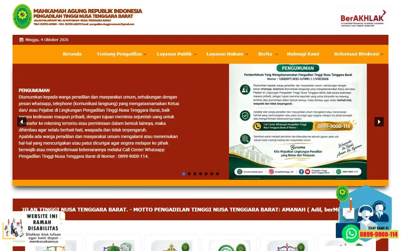 Tampilan website resmi Pengadilan Tinggi Nusa Tenggara Barat (pt-mataram.go.id)