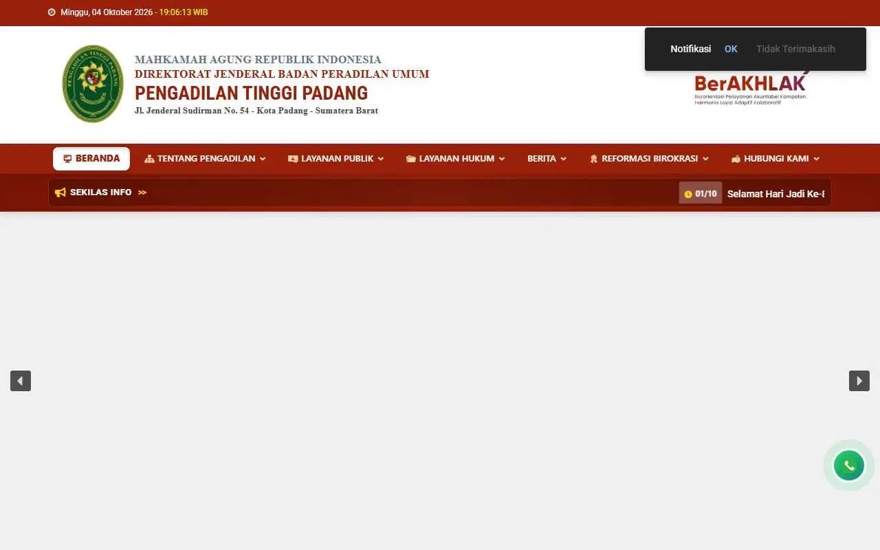 Tampilan website resmi Pengadilan Tinggi Padang (pt-padang.go.id)