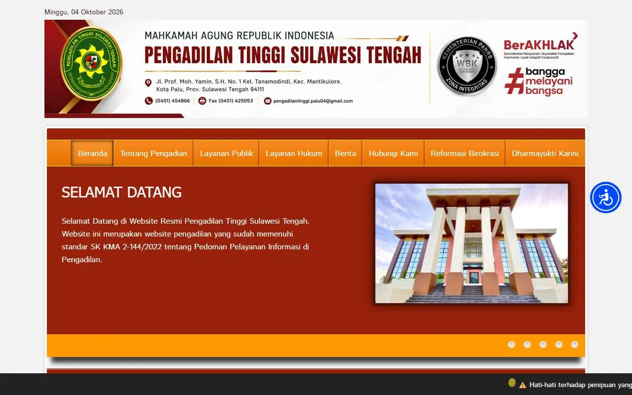 Tampilan website resmi Pengadilan Tinggi Sulawesi Tengah (pt-palu.go.id)