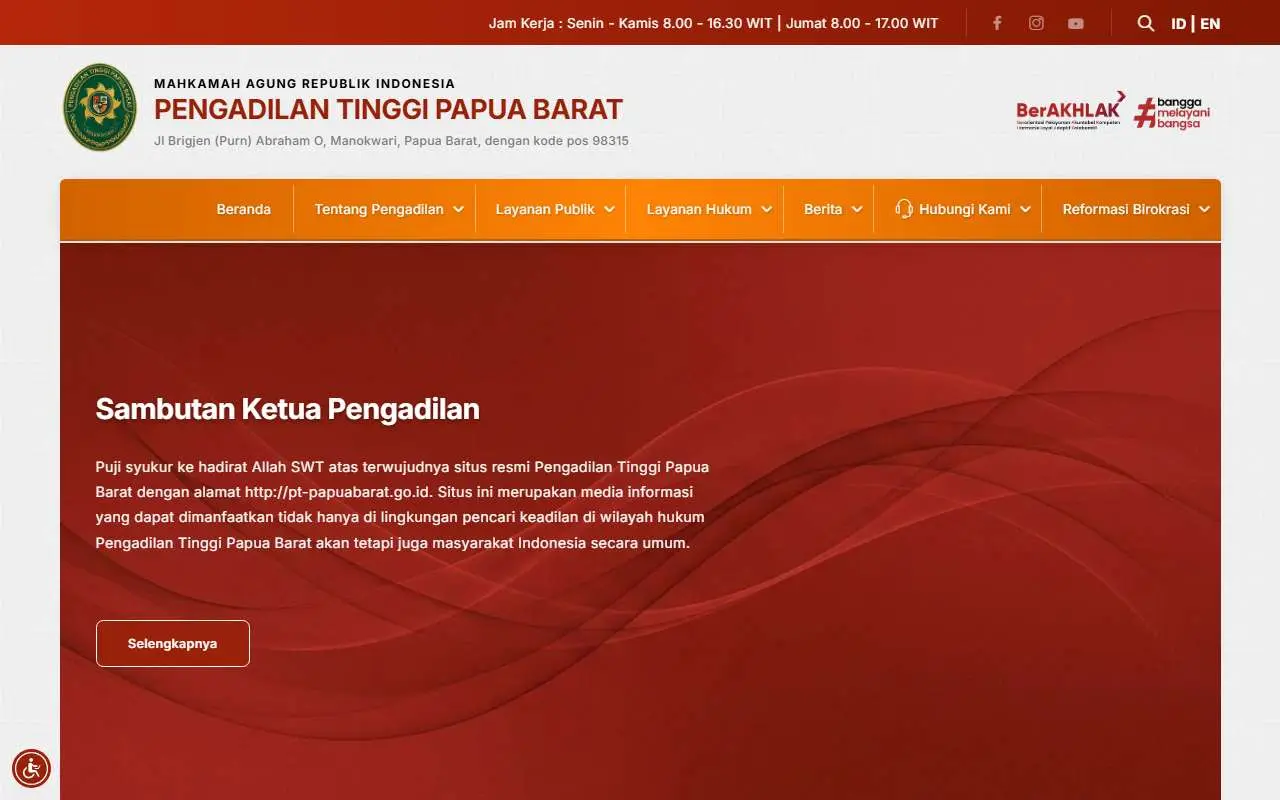 Tampilan website resmi Pengadilan Tinggi Papua Barat (pt-papuabarat.go.id)