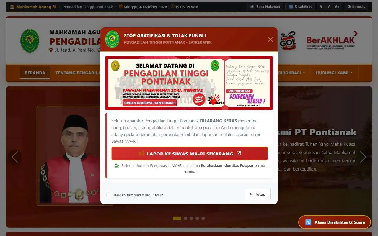 Tampilan website resmi Pengadilan Tinggi Pontianak (pt-pontianak.go.id)
