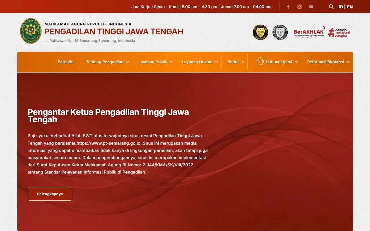 Tampilan website resmi Pengadilan Tinggi Jawa Tengah (pt-semarang.go.id)