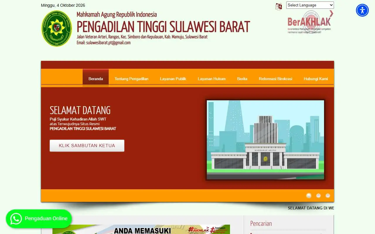 Tampilan website resmi Pengadilan Tinggi Sulawesi Barat (pt-sulbar.go.id)