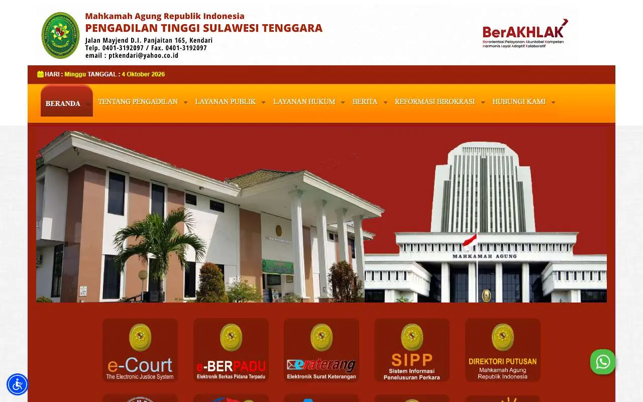 Tampilan website resmi Pengadilan Tinggi Sulawesi Tenggara (pt-sultra.go.id)
