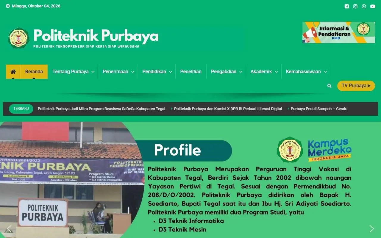 Tampilan website resmi Politeknik Purbaya (purbaya.ac.id)