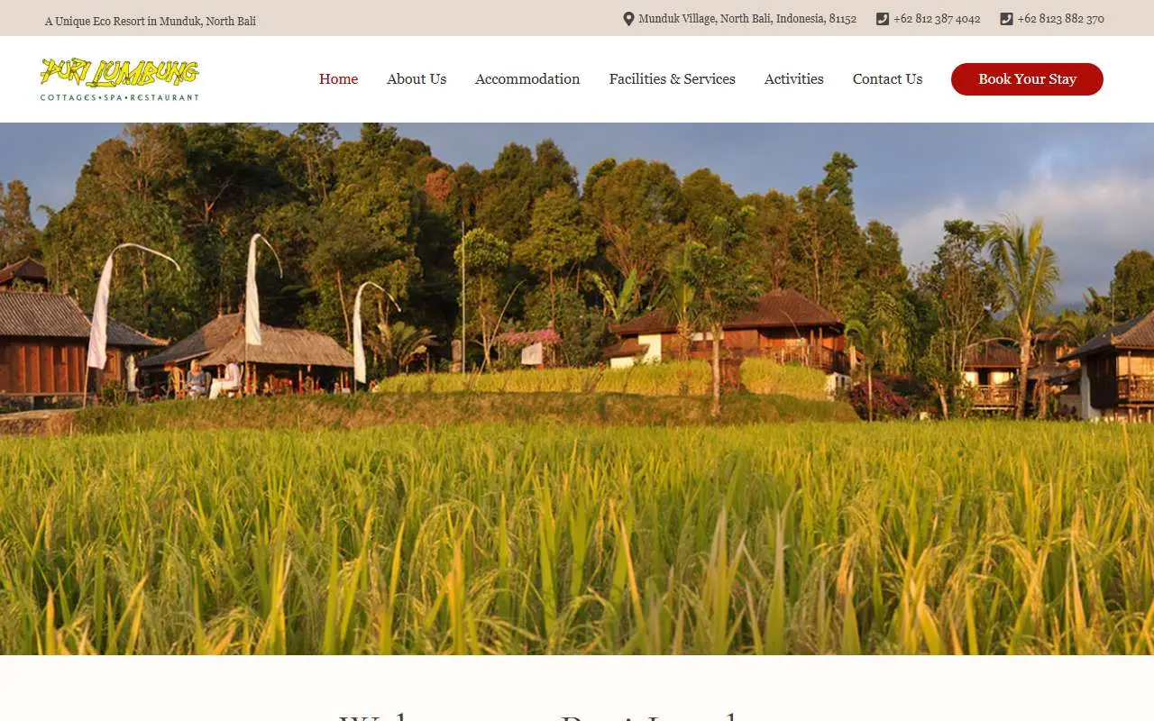 Tampilan website resmi Puri Lumbung Cottages Restaurant and Spa (purilumbung.com)