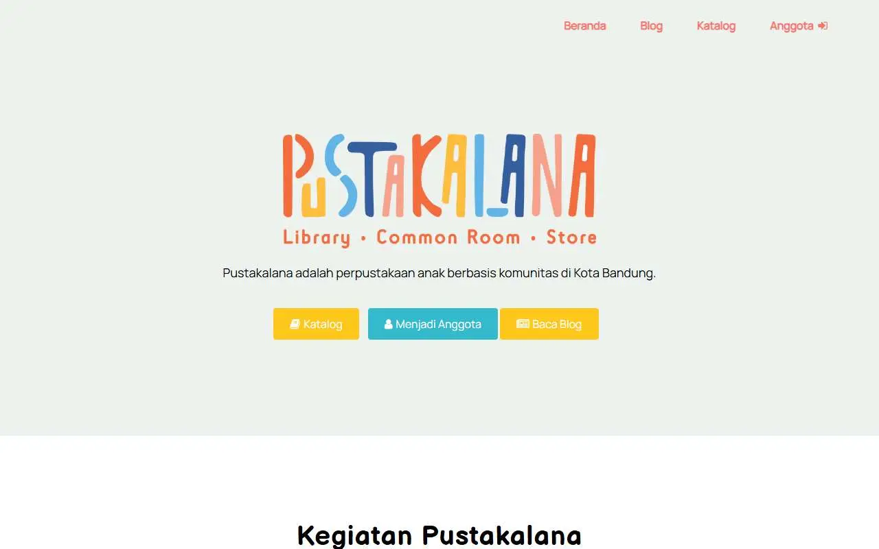 Tampilan website resmi Perpustakaan Pustakalana (pustakalanalibrary.org)