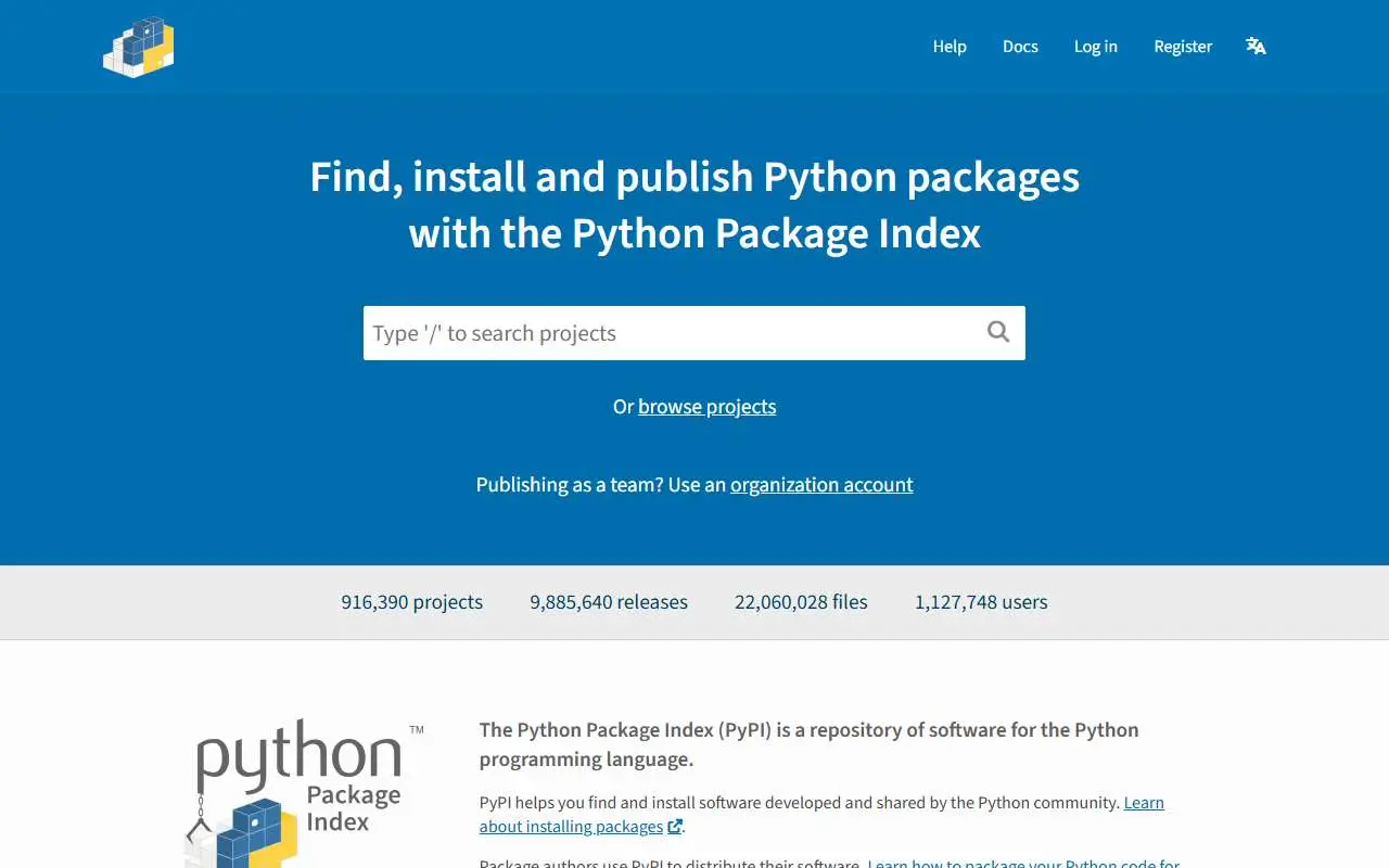 Tampilan website resmi PyPI (pypi.org)
